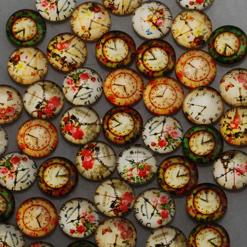12mm Round glass cabochons,clock pattern glass cabochon,flat back,thickness 4.5mm,50 pieces/lot