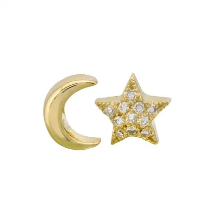14K Yellow Gold Diamond 3D Polished Moon & Star Flat Back Earrings