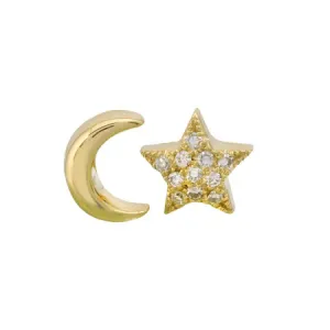 14K Yellow Gold Diamond 3D Polished Moon & Star Flat Back Earrings