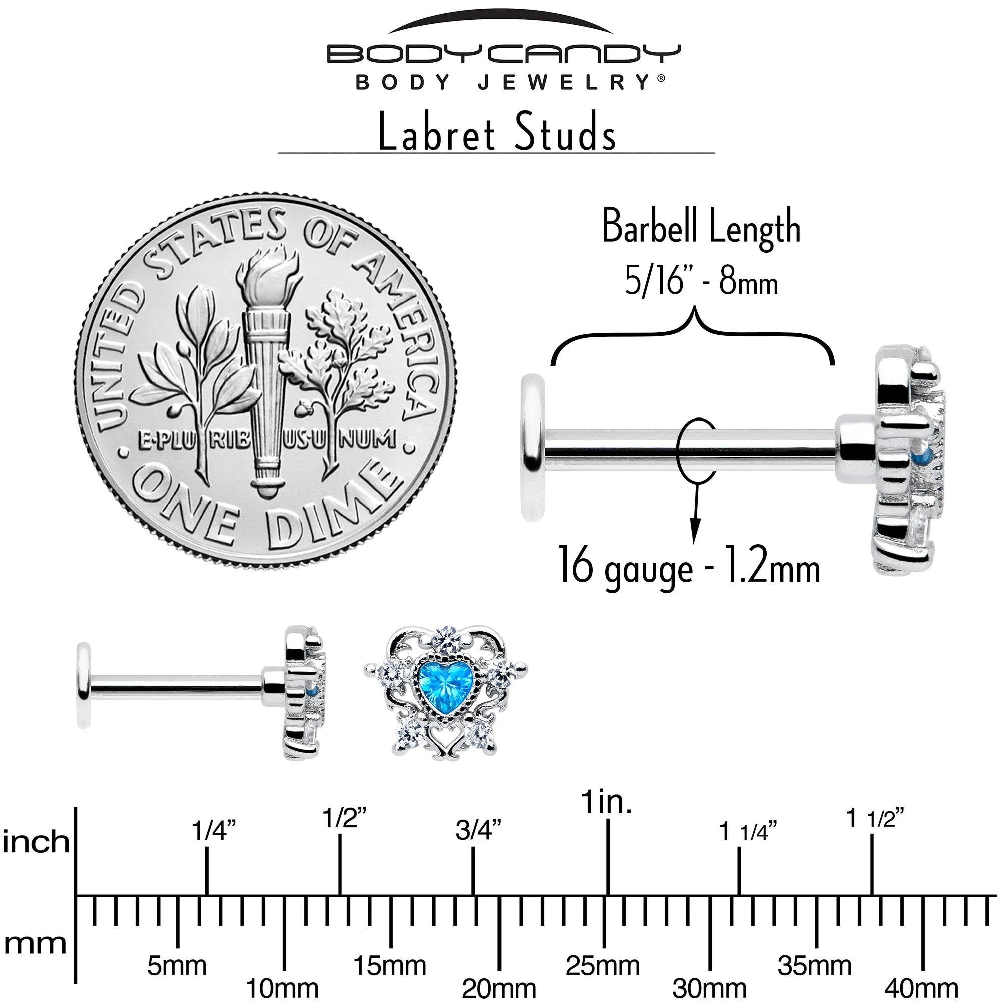 16 Gauge 5/16 Blue Clear CZ Gem Heart Pair Labret Monroe Tragus
