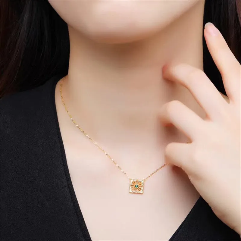 18K Gold Diamond Emerald Necklaces Pandent Exclusively Handcrafted 0.055 Carat Natural Diamond (H-F Color, VS1-VS2 Clarity)