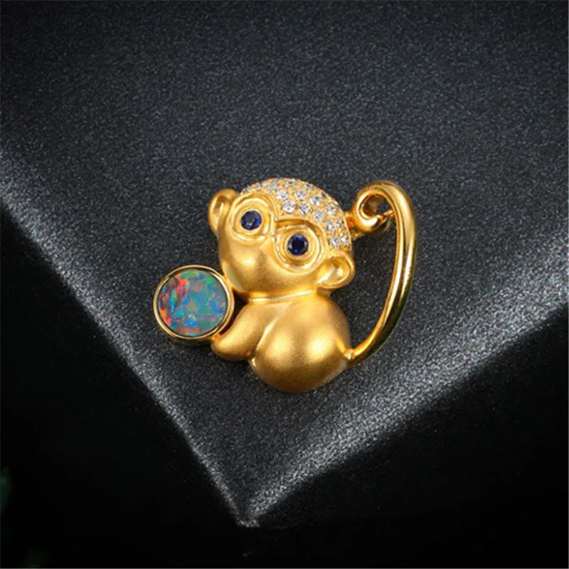 18K Gold Diamond Sapphire Round Cut Natural Opal 13X15MM Monkey Pendant Necklace