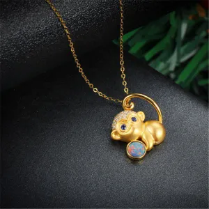 18K Gold Diamond Sapphire Round Cut Natural Opal 13X15MM Monkey Pendant Necklace