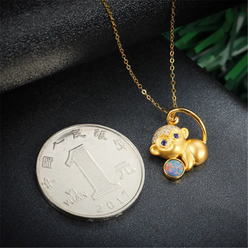 18K Gold Diamond Sapphire Round Cut Natural Opal 13X15MM Monkey Pendant Necklace