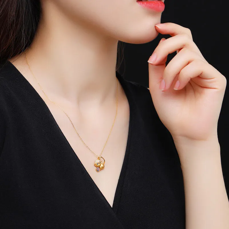 18K Gold Diamond Sapphire Round Cut Natural Opal 13X15MM Monkey Pendant Necklace