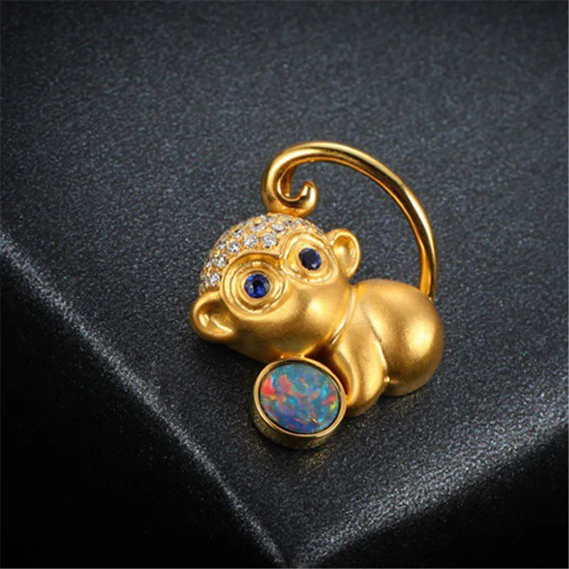 18K Gold Diamond Sapphire Round Cut Natural Opal 13X15MM Monkey Pendant Necklace