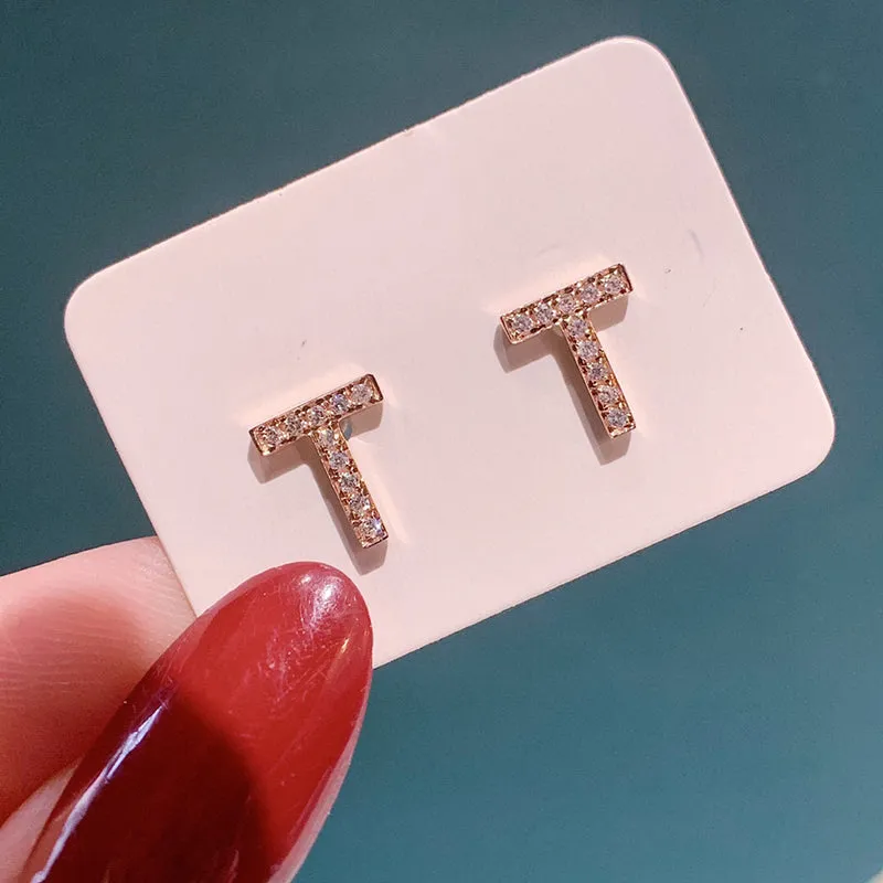 18K Gold Letter T 0.065ct Real Diamond Stud Earrings