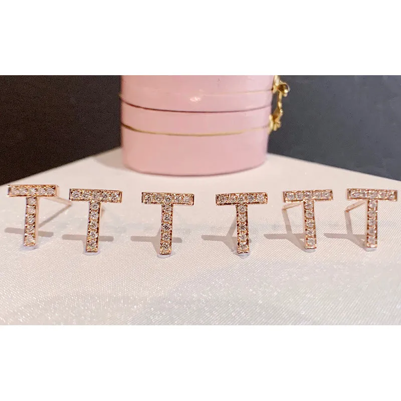 18K Gold Letter T 0.065ct Real Diamond Stud Earrings