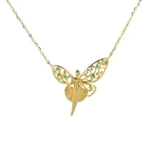 18K Gold Natural Gemstone Fairy with Angel Wings Necklace Pendant