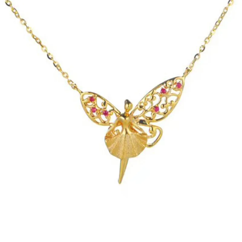 18K Gold Natural Gemstone Fairy with Angel Wings Necklace Pendant