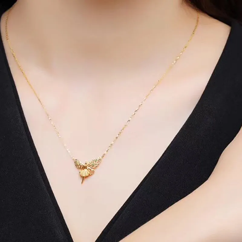 18K Gold Natural Gemstone Fairy with Angel Wings Necklace Pendant