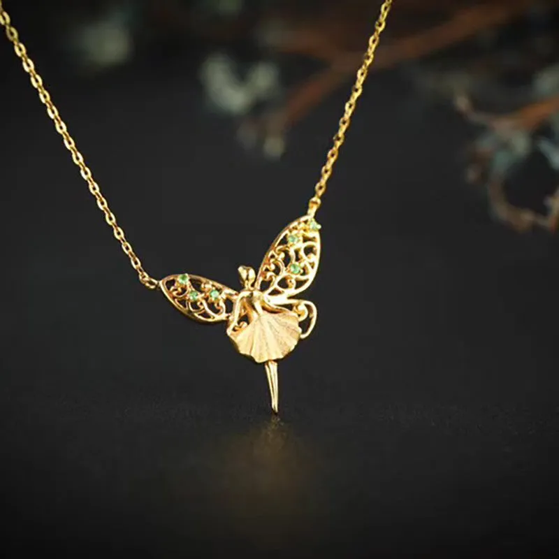 18K Gold Natural Gemstone Fairy with Angel Wings Necklace Pendant
