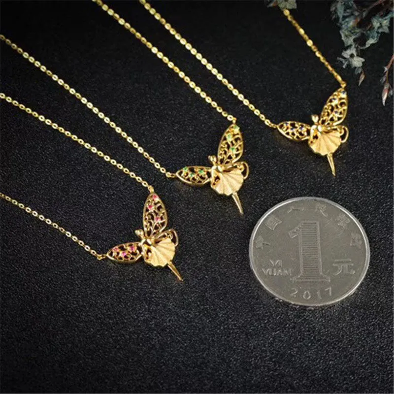 18K Gold Natural Gemstone Fairy with Angel Wings Necklace Pendant