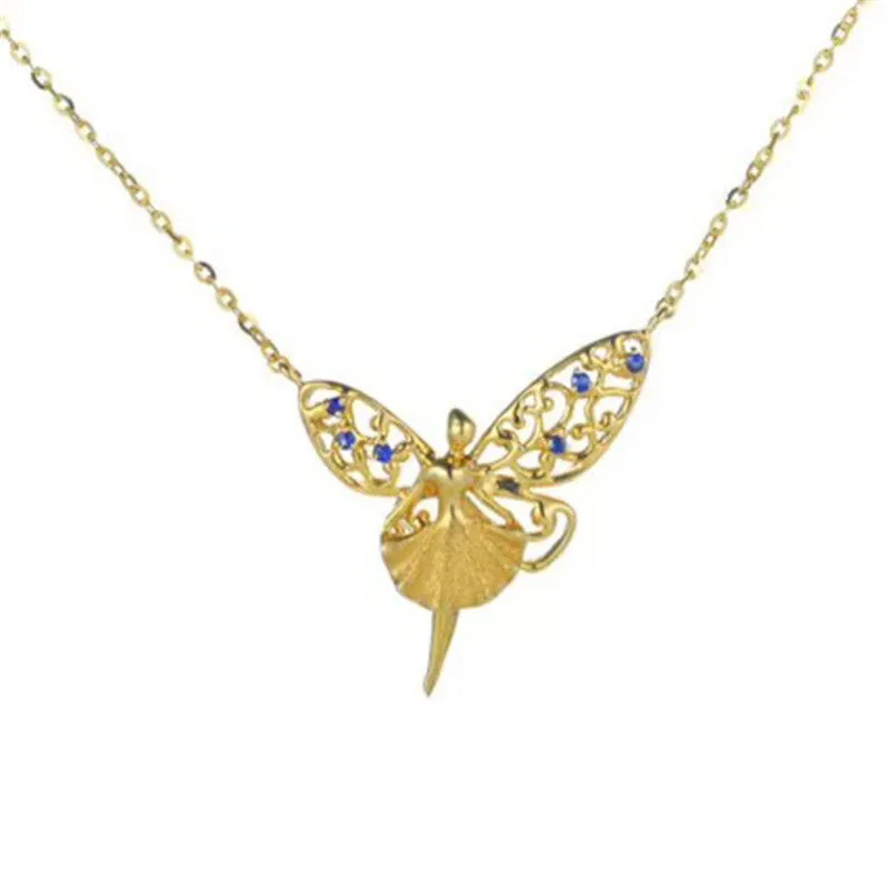 18K Gold Natural Gemstone Fairy with Angel Wings Necklace Pendant