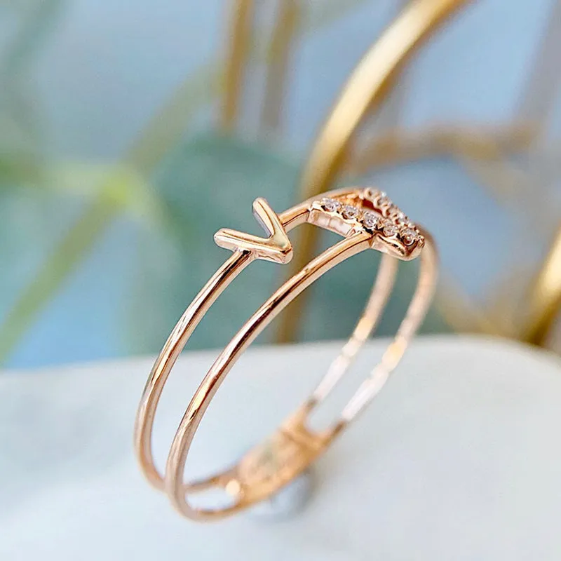 18k Gold Round Diamond Letter V Diamond Ring Exclusively Handcrafted 0.13 Carat Natural Diamond (H-F Color, VS1-VS2 Clarity)