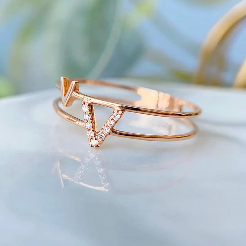 18k Gold Round Diamond Letter V Diamond Ring Exclusively Handcrafted 0.13 Carat Natural Diamond (H-F Color, VS1-VS2 Clarity)