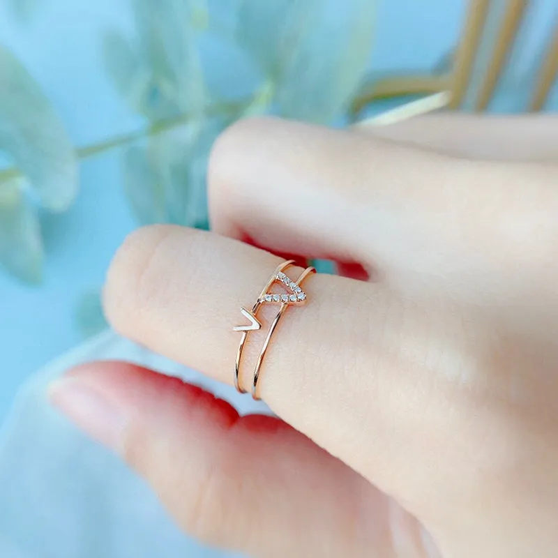 18k Gold Round Diamond Letter V Diamond Ring Exclusively Handcrafted 0.13 Carat Natural Diamond (H-F Color, VS1-VS2 Clarity)