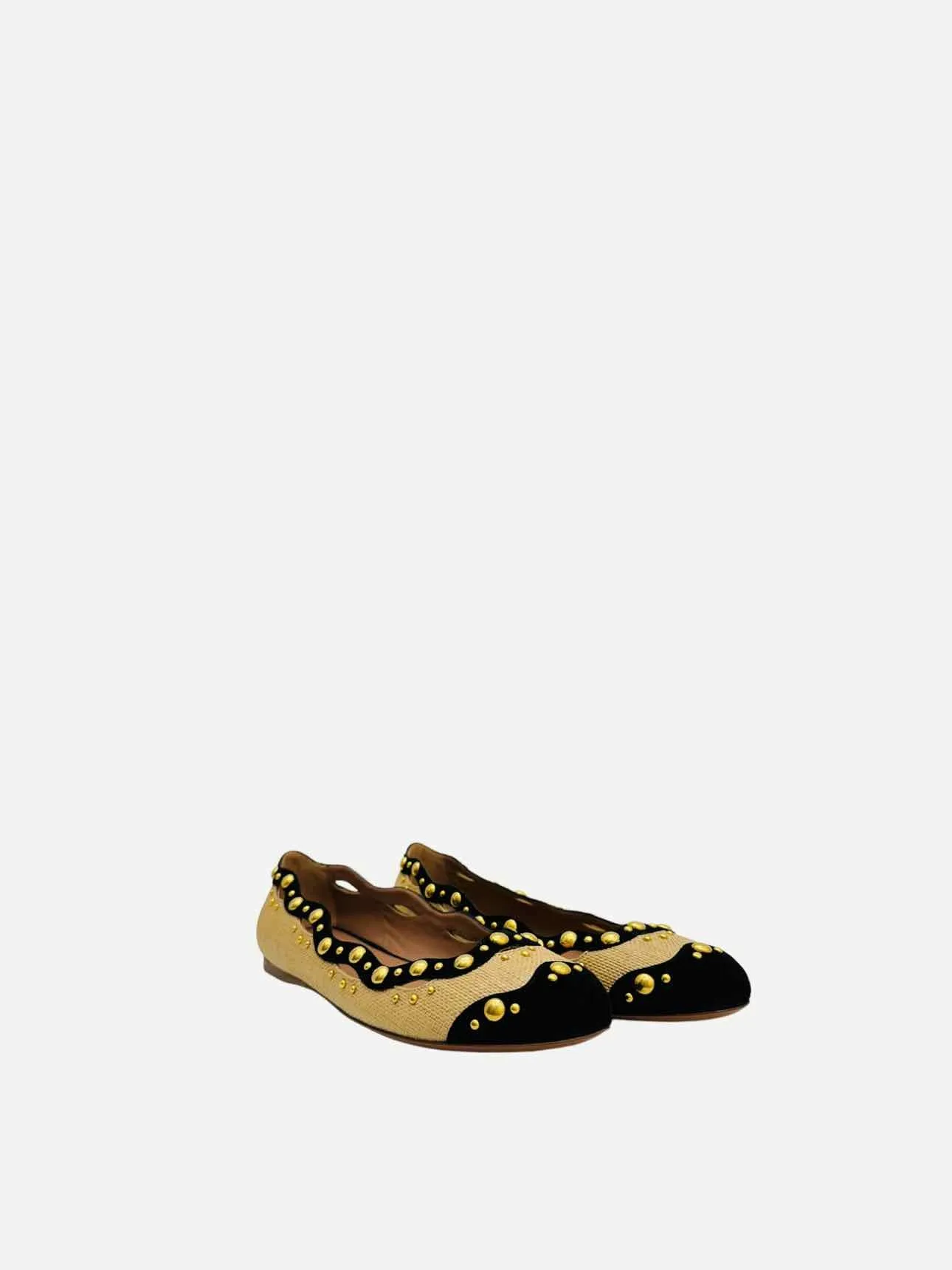 ALAIA Raffia Beige & Black Ballet Flats 38
