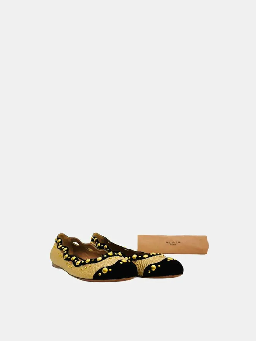 ALAIA Raffia Beige & Black Ballet Flats 38