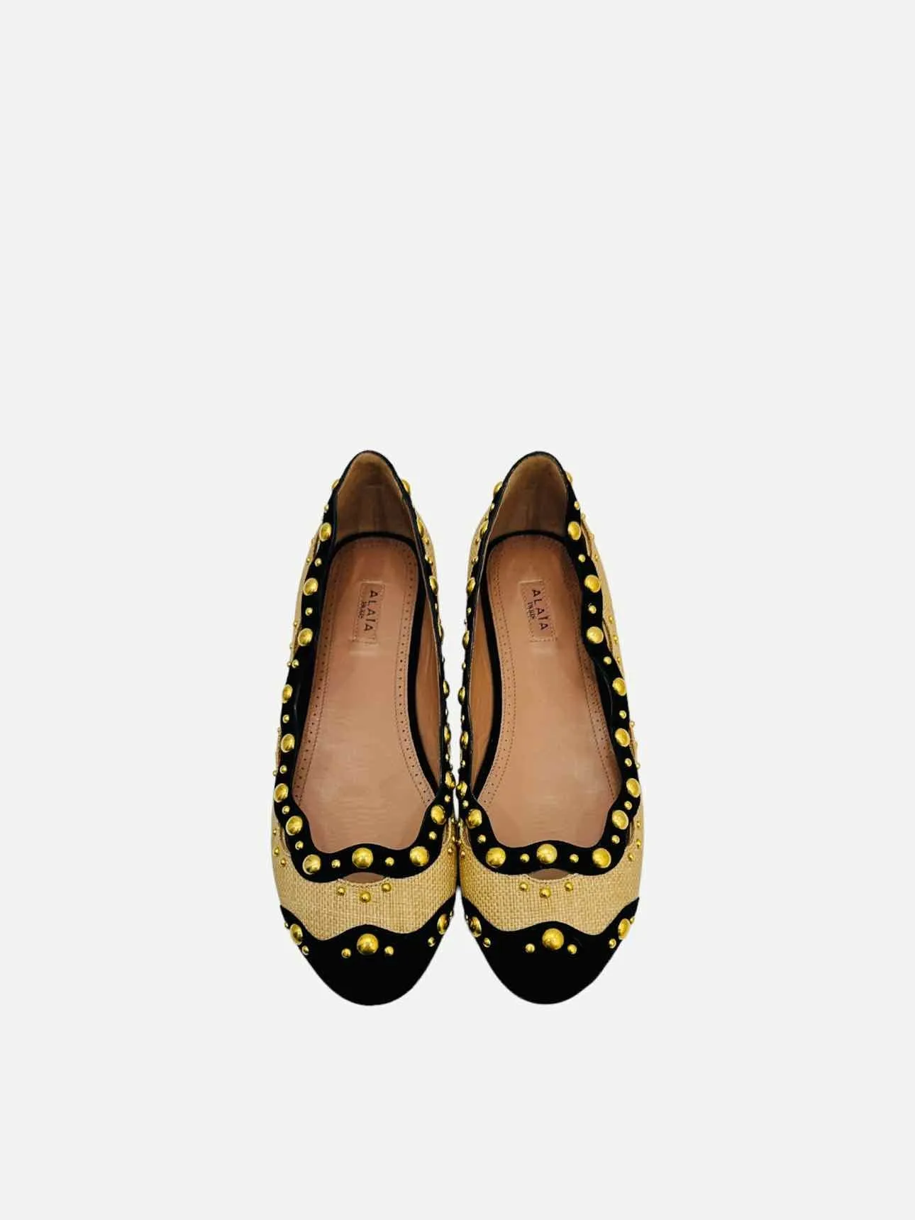 ALAIA Raffia Beige & Black Ballet Flats 38