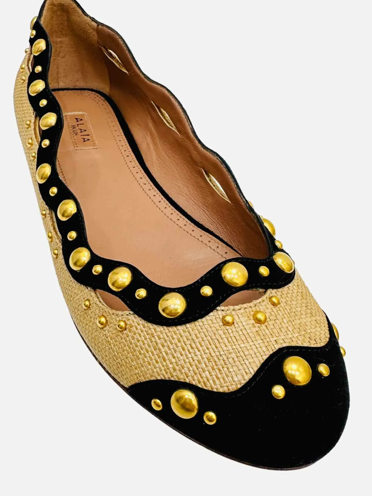 ALAIA Raffia Beige & Black Ballet Flats 38