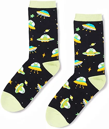 Alien Print Crew Socks for Women, Funky Socks, Funny Socks for Women, Alien Gifts for UFO Enthusiast, Novelty Socks, Outer Space Gifts