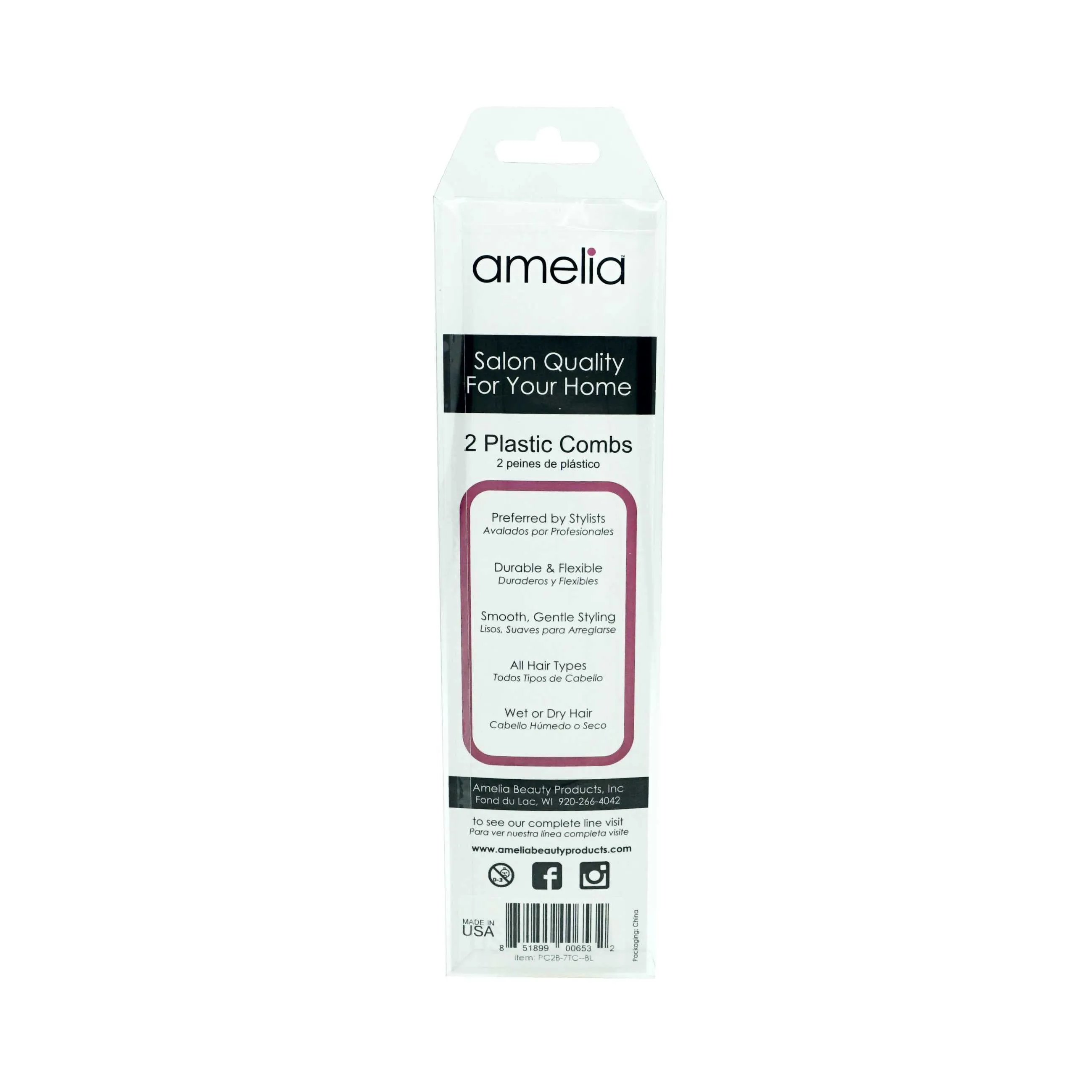 Amelia Beauty, 7in Black Plastic Styling Tease Comb with Inch Marks, Made in USA, Professional Grade Hair Comb, For Wet, Tangled Hair, Everyday Styling Cutting Hair Styling Tool, 2 Pack