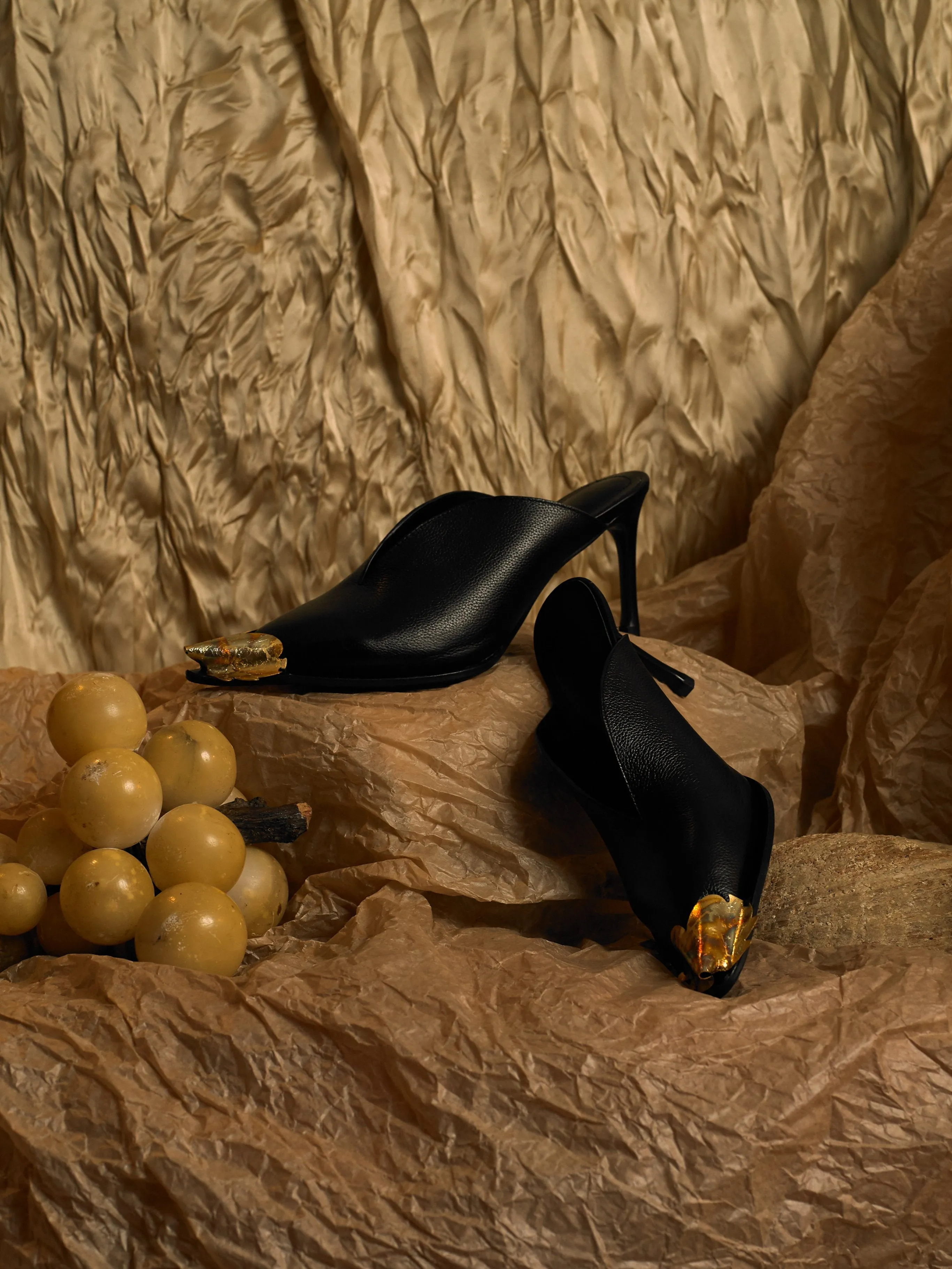 Artisanal Saga Heeled Mules - Black/Tarnished Sun