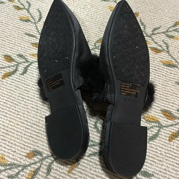Birdies The Dove Onyx Black Womens Slip On Mink Fur Pointed Toe Mules.
