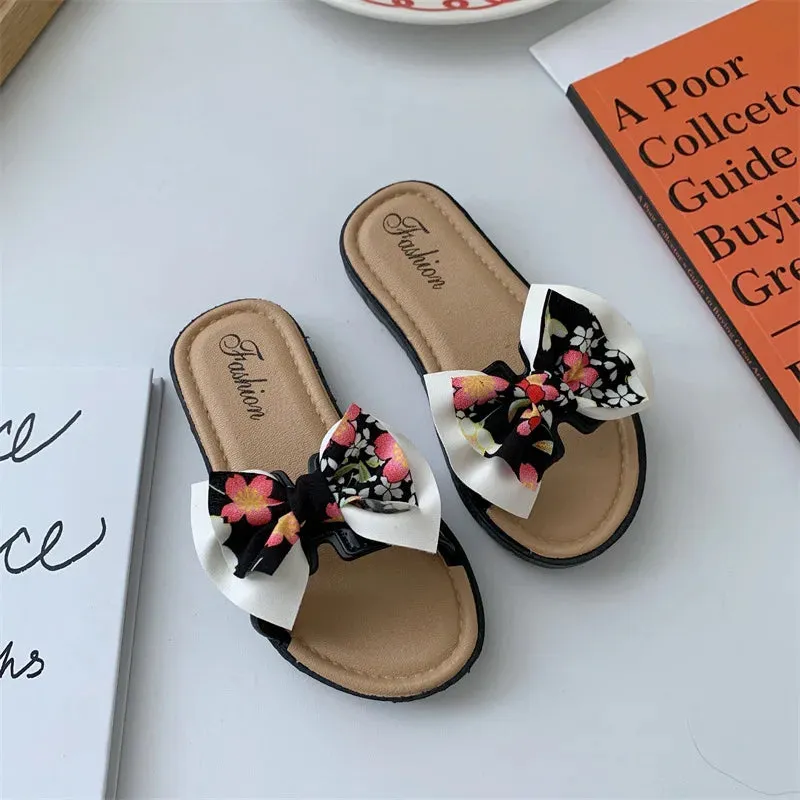 Bow Flats Open Toe Slide Sandals Non-slip Flip Flops Children Home Slippers Kids Girls Summer Cute Beach Slippers Shoe