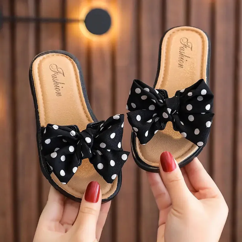 Bow Flats Open Toe Slide Sandals Non-slip Flip Flops Children Home Slippers Kids Girls Summer Cute Beach Slippers Shoe