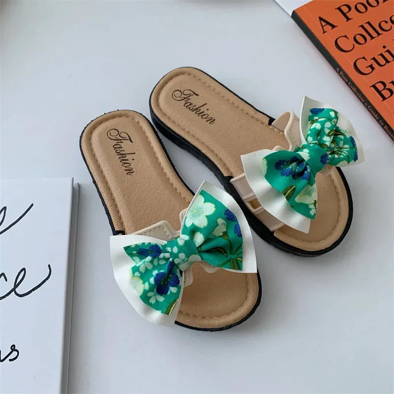 Bow Flats Open Toe Slide Sandals Non-slip Flip Flops Children Home Slippers Kids Girls Summer Cute Beach Slippers Shoe