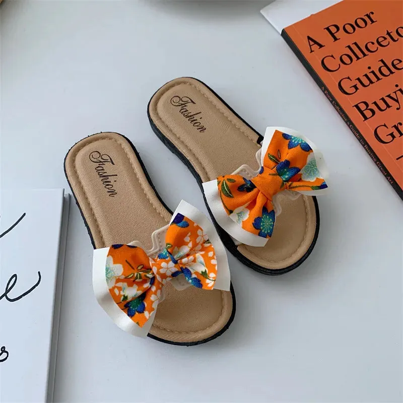 Bow Flats Open Toe Slide Sandals Non-slip Flip Flops Children Home Slippers Kids Girls Summer Cute Beach Slippers Shoe