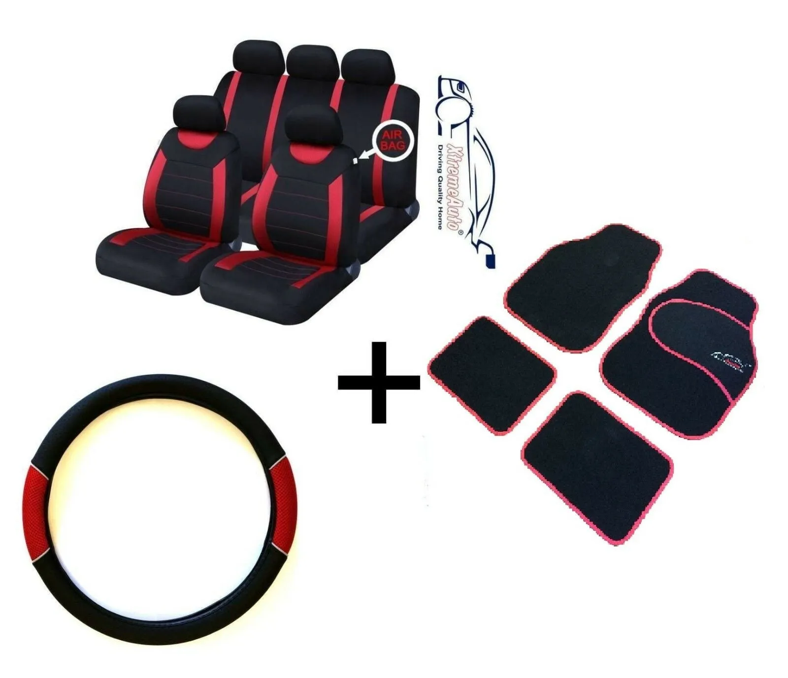 Carnaby Red Car Sport Seat Covers   Matching Carpet Mats & Steering Wheel Cover