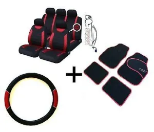 Carnaby Red Car Sport Seat Covers   Matching Carpet Mats & Steering Wheel Cover