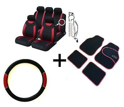 Carnaby Red Car Sport Seat Covers   Matching Carpet Mats & Steering Wheel Cover