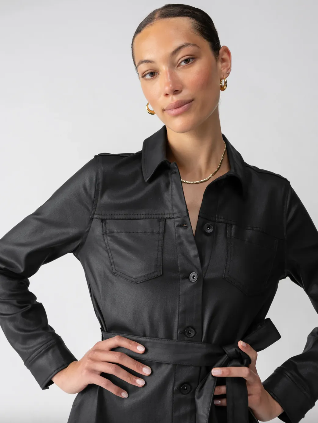 Coated Denim Dress-Black