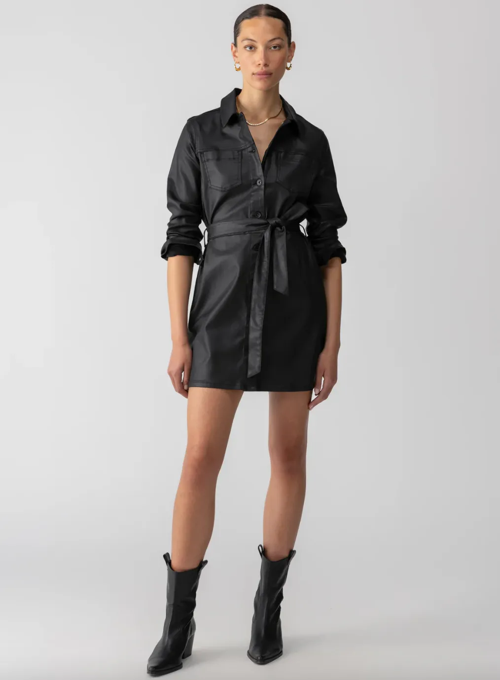 Coated Denim Dress-Black