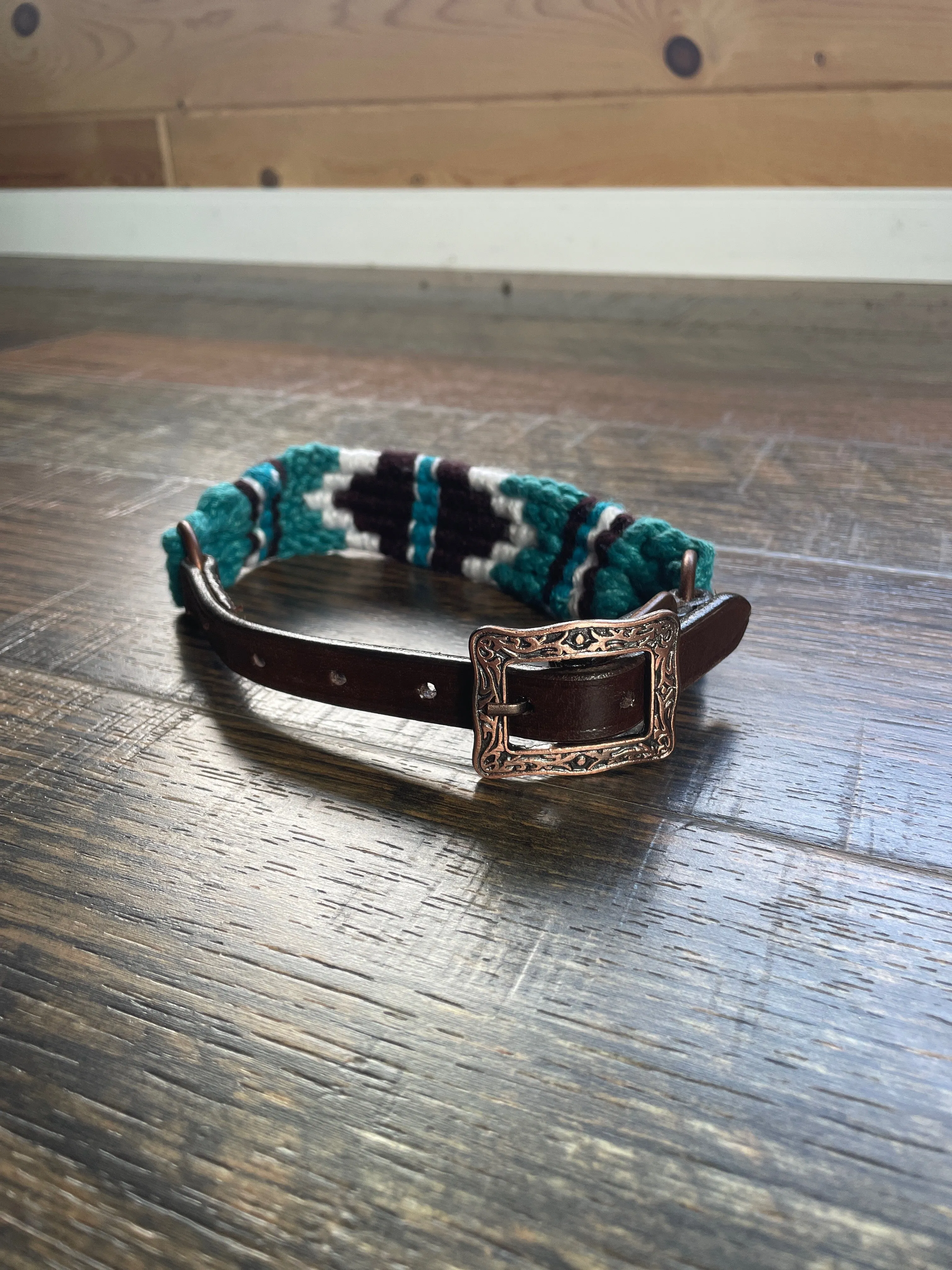 Corded Leather Dog Collar - Teal/White
