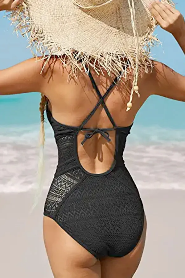 Crochet V Neck High Waist One Piece Swimsuit