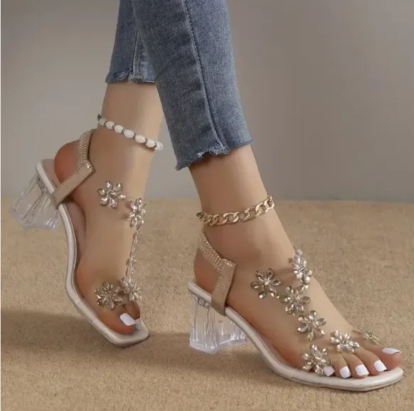 Crystal Embellished Heeled Sandals | T-Strap | Elegant & Stylish