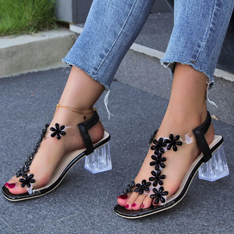Crystal Embellished Heeled Sandals | T-Strap | Elegant & Stylish
