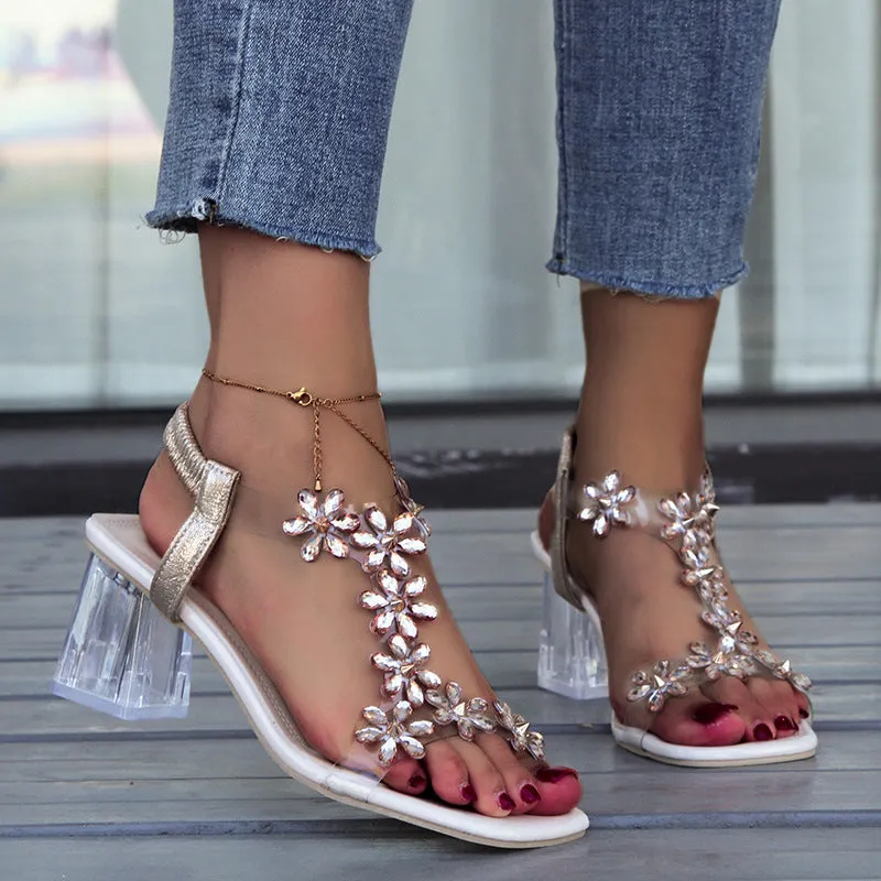 Crystal Embellished Heeled Sandals | T-Strap | Elegant & Stylish