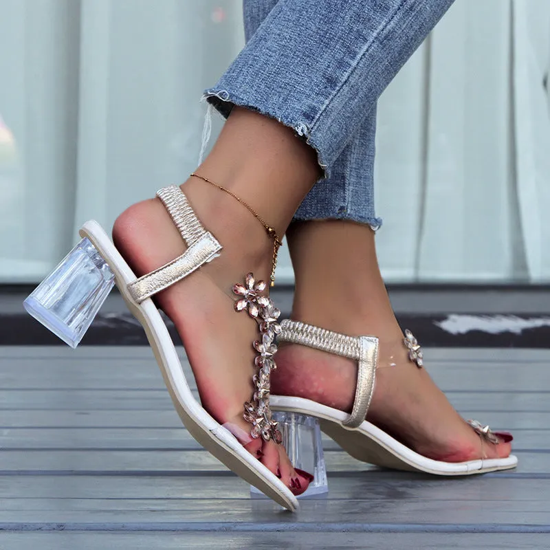 Crystal Embellished Heeled Sandals | T-Strap | Elegant & Stylish