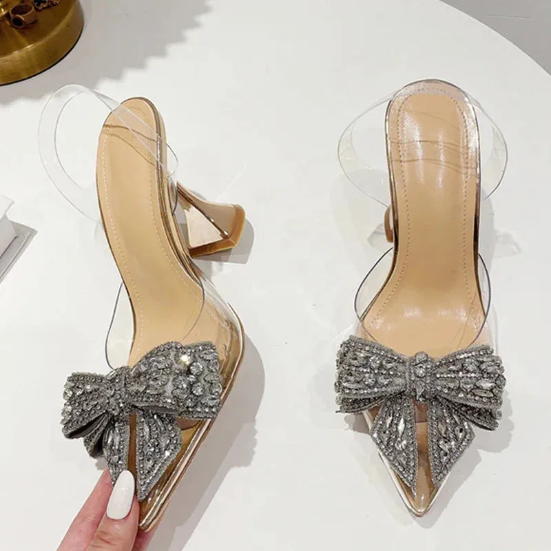 Crystal Sequined Bowknot Women Pumps Sexy Pointed Toe High Heels Wedding Prom Shoes Ladies PVC Transparent Sandals