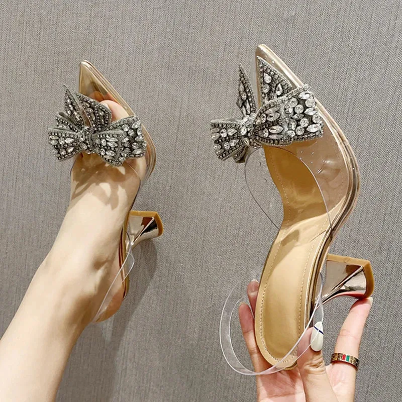 Crystal Sequined Bowknot Women Pumps Sexy Pointed Toe High Heels Wedding Prom Shoes Ladies PVC Transparent Sandals