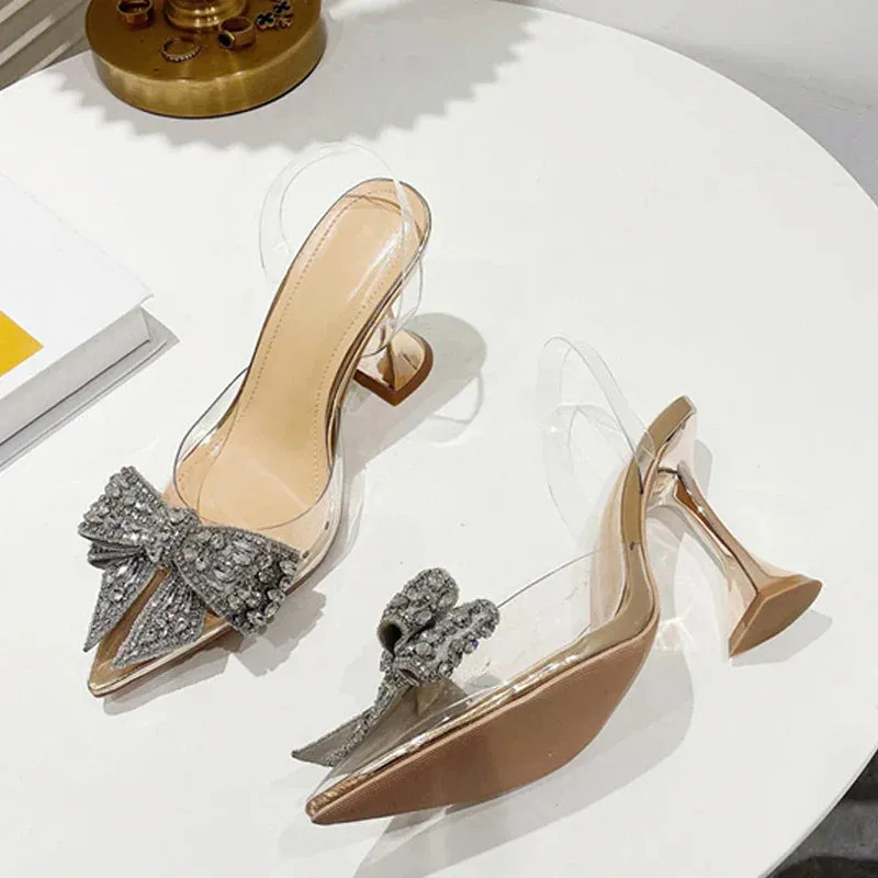 Crystal Sequined Bowknot Women Pumps Sexy Pointed Toe High Heels Wedding Prom Shoes Ladies PVC Transparent Sandals