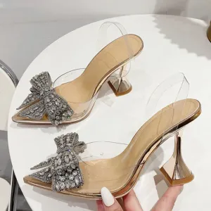 Crystal Sequined Bowknot Women Pumps Sexy Pointed Toe High Heels Wedding Prom Shoes Ladies PVC Transparent Sandals