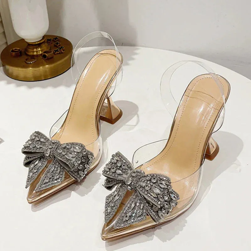 Crystal Sequined Bowknot Women Pumps Sexy Pointed Toe High Heels Wedding Prom Shoes Ladies PVC Transparent Sandals