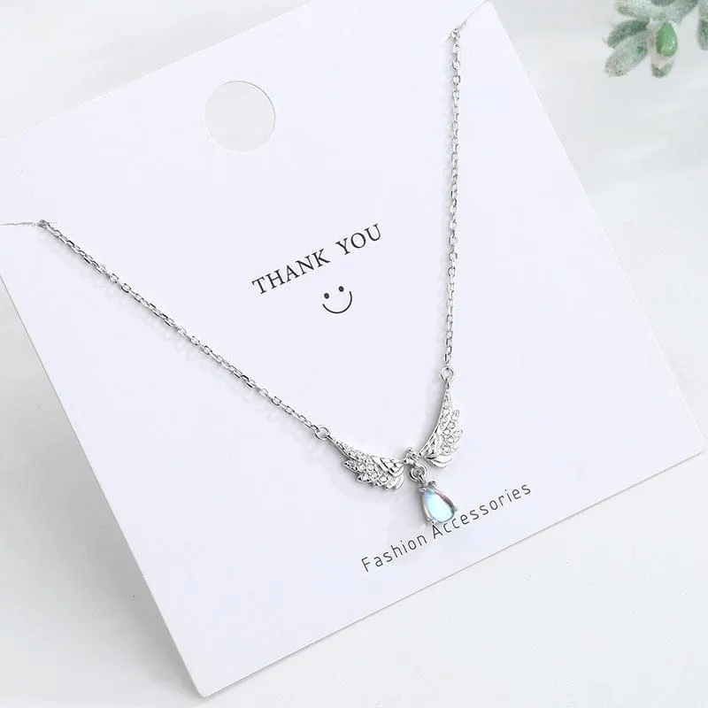 Dainty CZ Inalid Crystal Waterdrop Angel Wings Necklace
